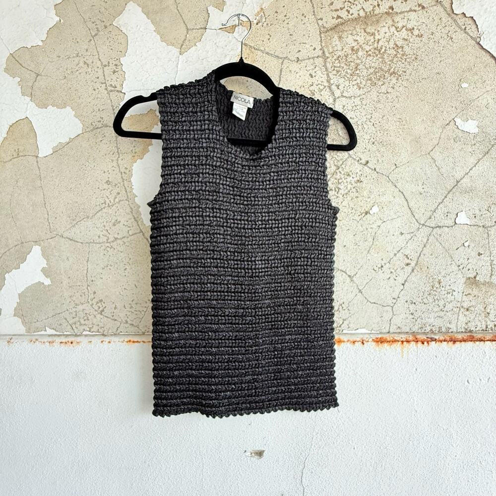 Vintage Black Popcorn Tank Top Textured Crinkle Sleeveless Shirt‎ Size L